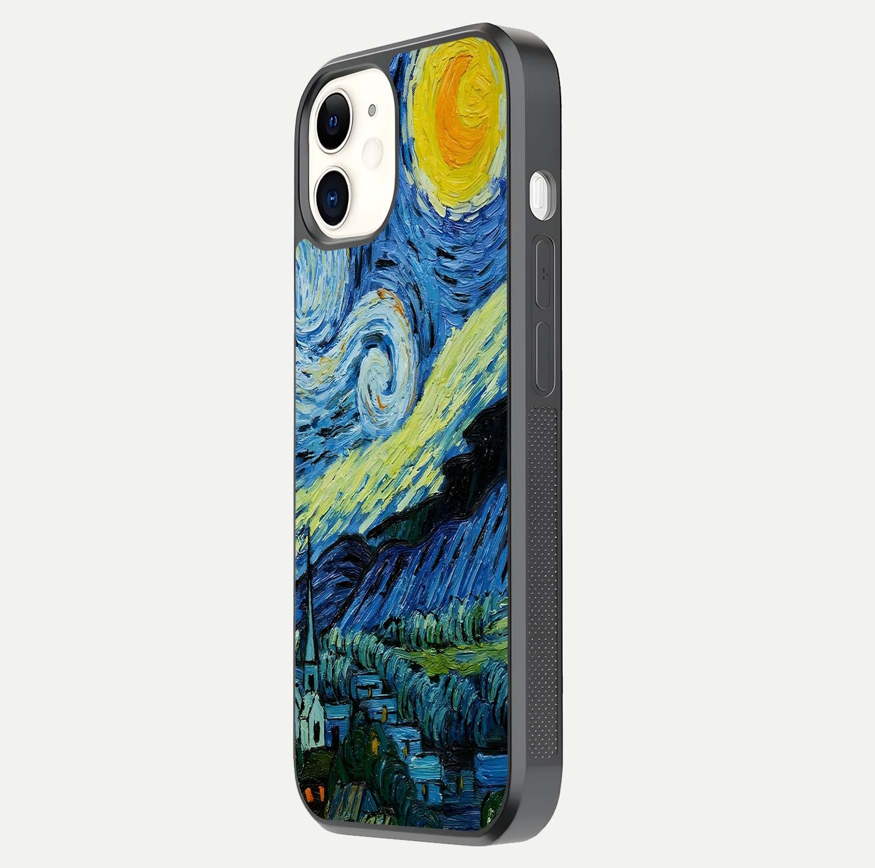 Inspired Van Gogh Art Glass Case for iphone-12 side-angle image showing reflection brilliance and painted surface look