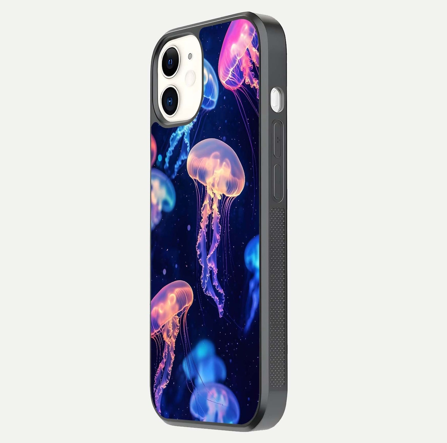 Jellyfish Pattern Glass Case for iphone-12 side-angle image showing reflection glow and soft water-blue gradient