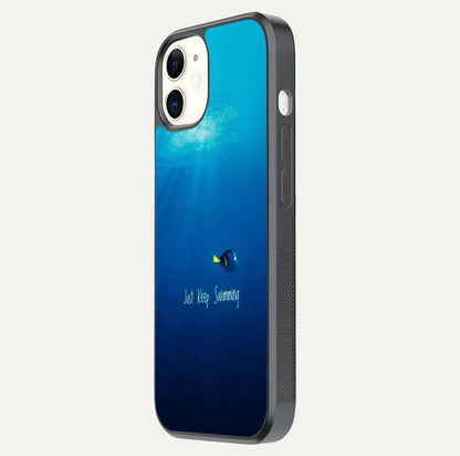 Just Keep Swimming Glass Case for iphone-12 side-angle image highlighting reflective surface and positive quote