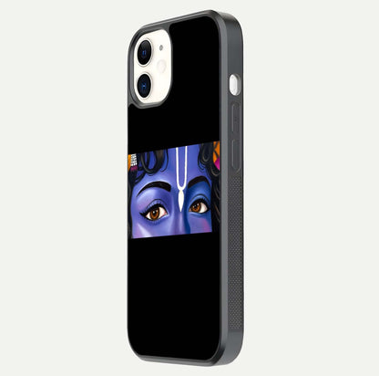 Krishna Eye Glass Case for iphone-12 side-angle image showing reflection clarity and Krishna symbol design