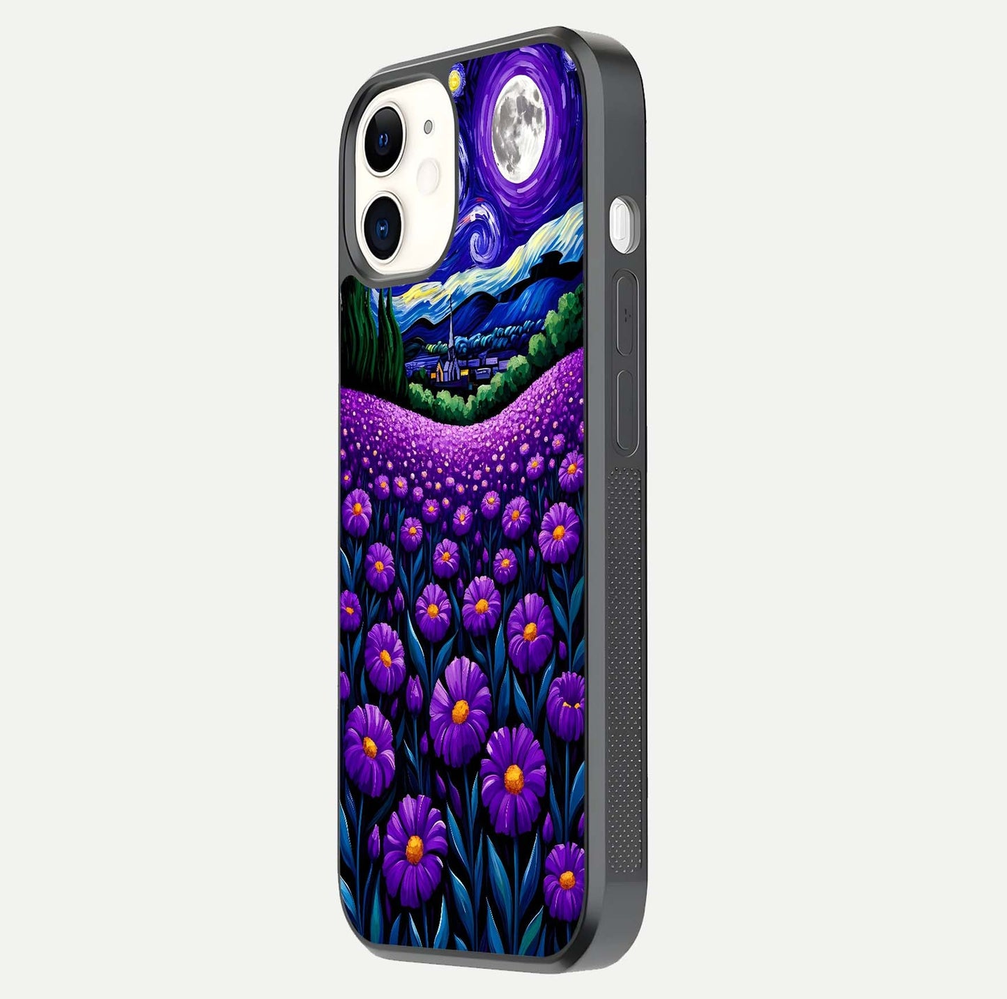 Lavender Moon Field Glass Case for iphone-12 side-angle image showing HD reflection and moonlit lavender art
