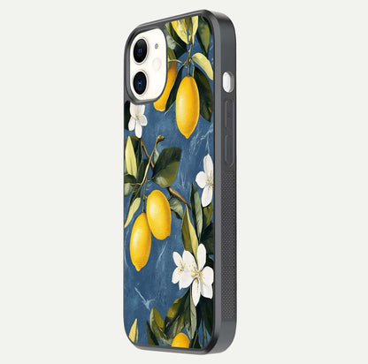 Lemon Dream Garden Glass Case for iphone-12 side-angle image showing reflection clarity and artistic fruit design
