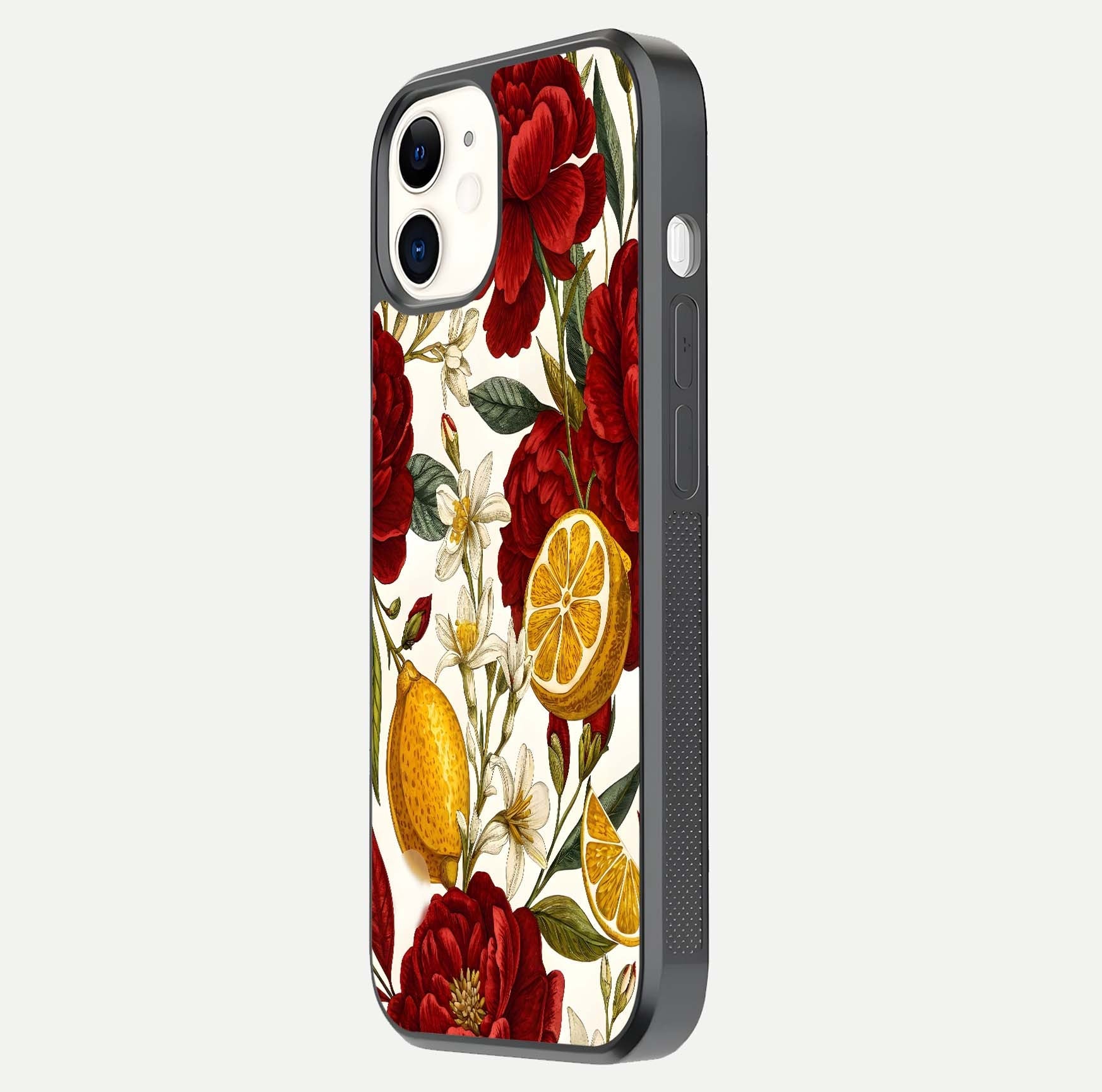 Lemon Rose Charm Glass Case for iphone-12 side-angle image revealing reflection depth and vibrant flower art