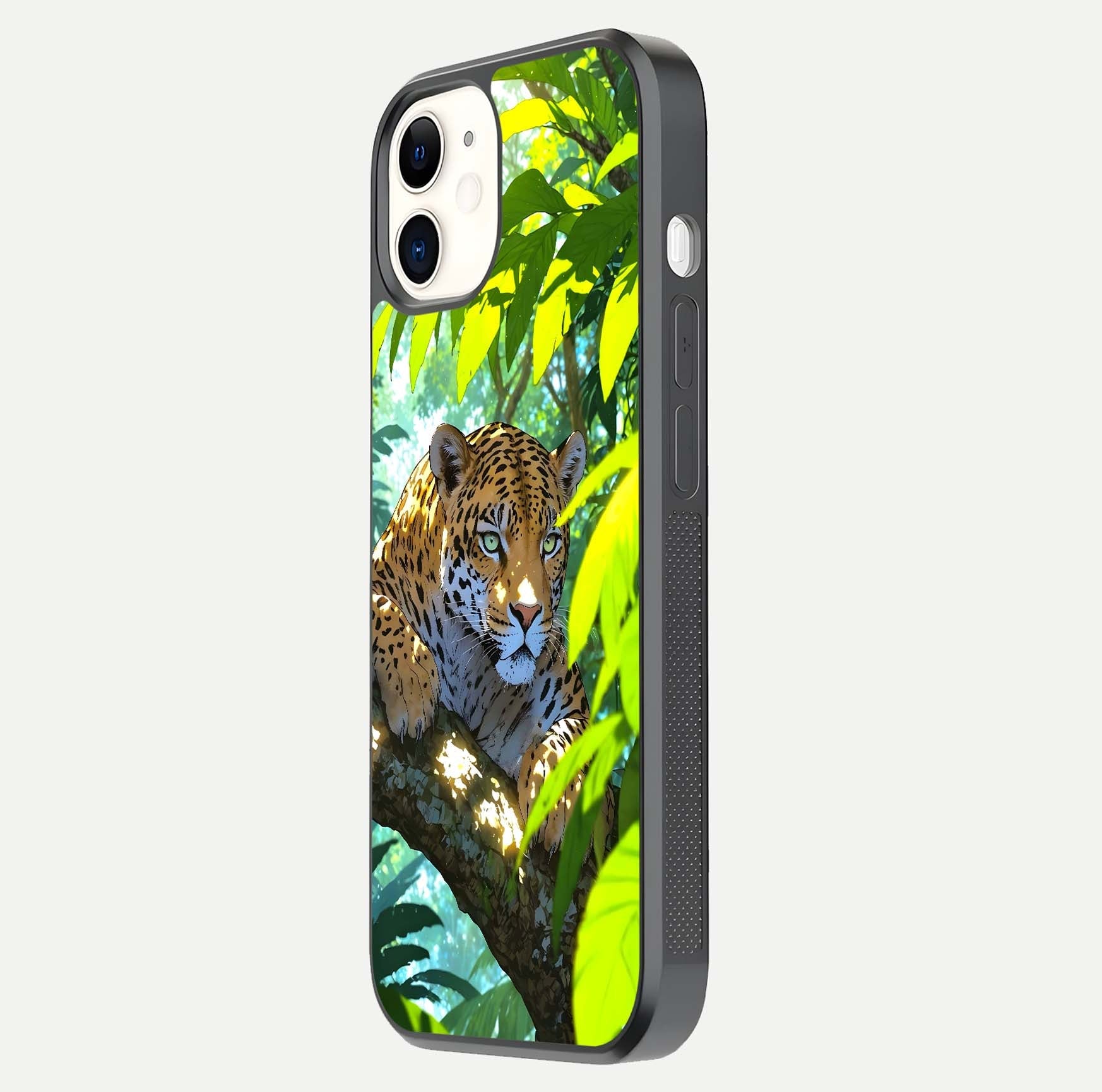 Leopard in Jungle Glass Case for iphone-12 side-angle shot emphasizing contrast and fierce design clarity