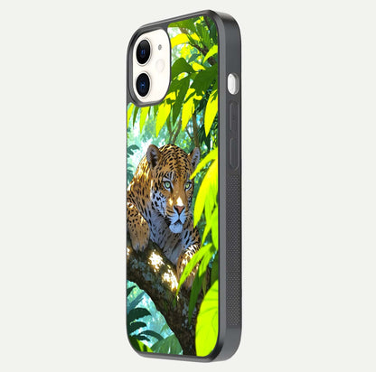 Leopard in Jungle Glass Case for iphone-12 side-angle shot emphasizing contrast and fierce design clarity