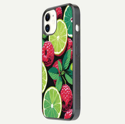 Lime and Raspberry Pattern Glass Case for iphone-12 side-angle view revealing colorful fruit artwork details