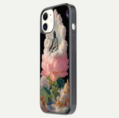 Lotus Divine Peace Glass Case for iphone-12 side-angle shot showing elegant shine and floral symmetry