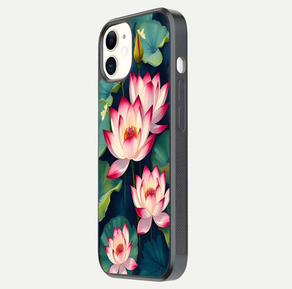 Lotus Dream Serenity Glass Case for iphone-12 side-angle image revealing reflection clarity and calm tones