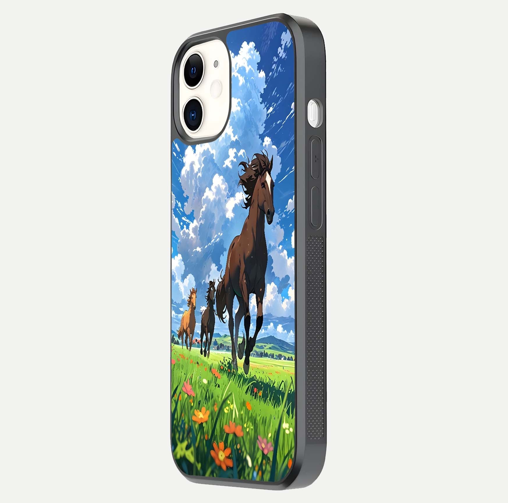 Majestic Horses Galloping Glass Case for iphone-12 side-angle shot emphasizing reflection and running artwork