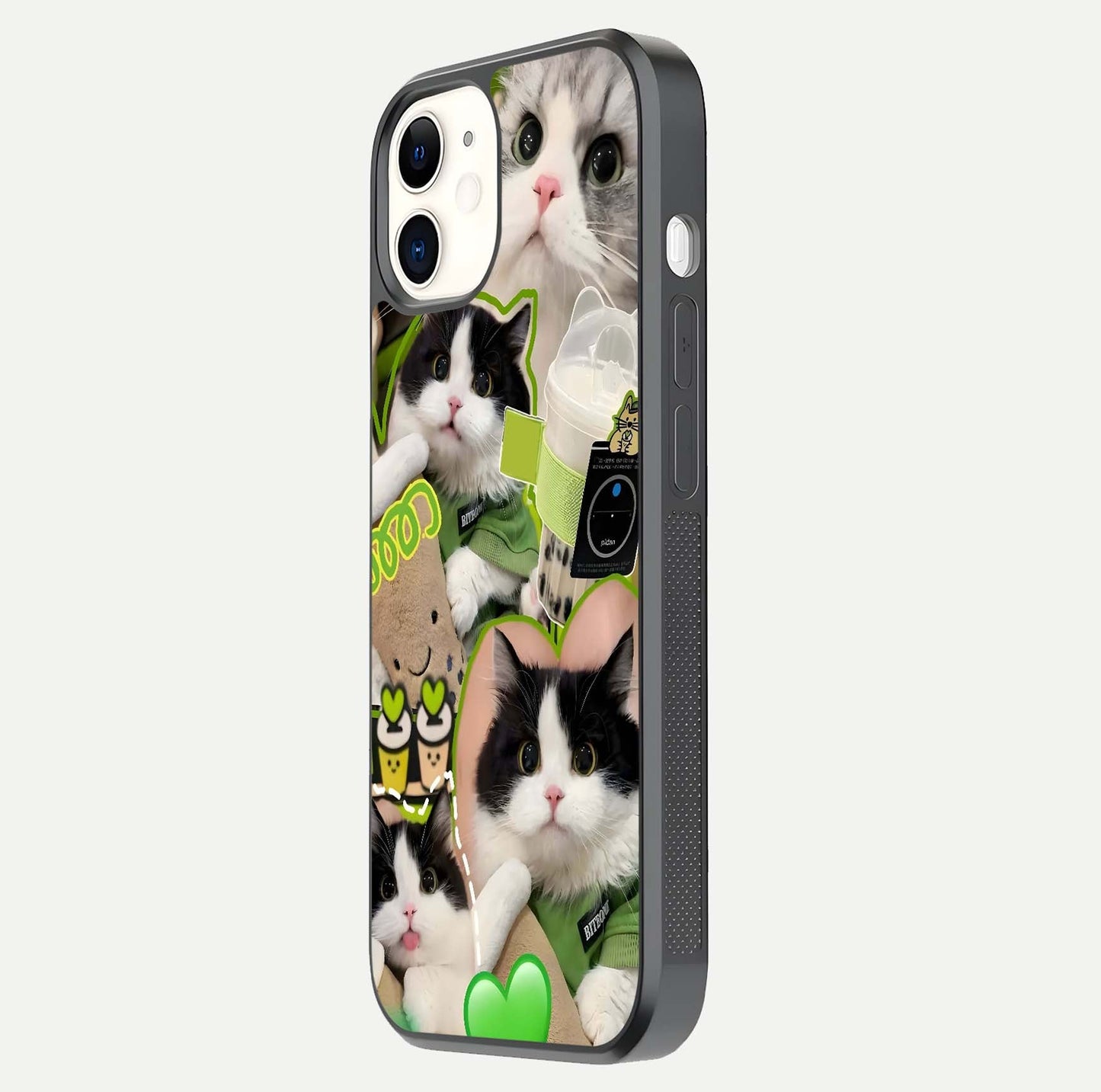 Matcha Cats Mood Glass Case for iphone-12 side-angle image showing shine clarity and cat pattern charm