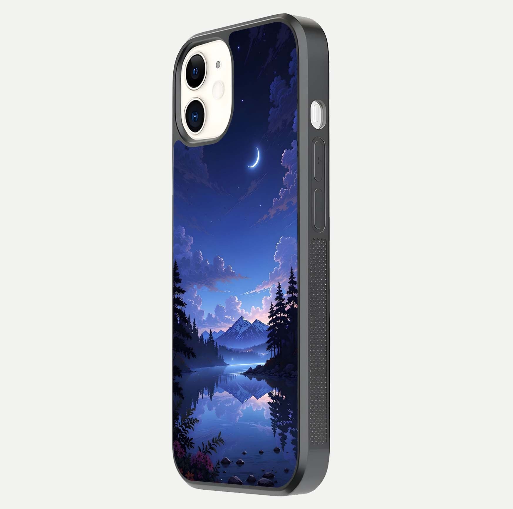 Midnight Lake Peace Glass Case for iphone-12 side-angle image showing HD shine and tranquil color tones