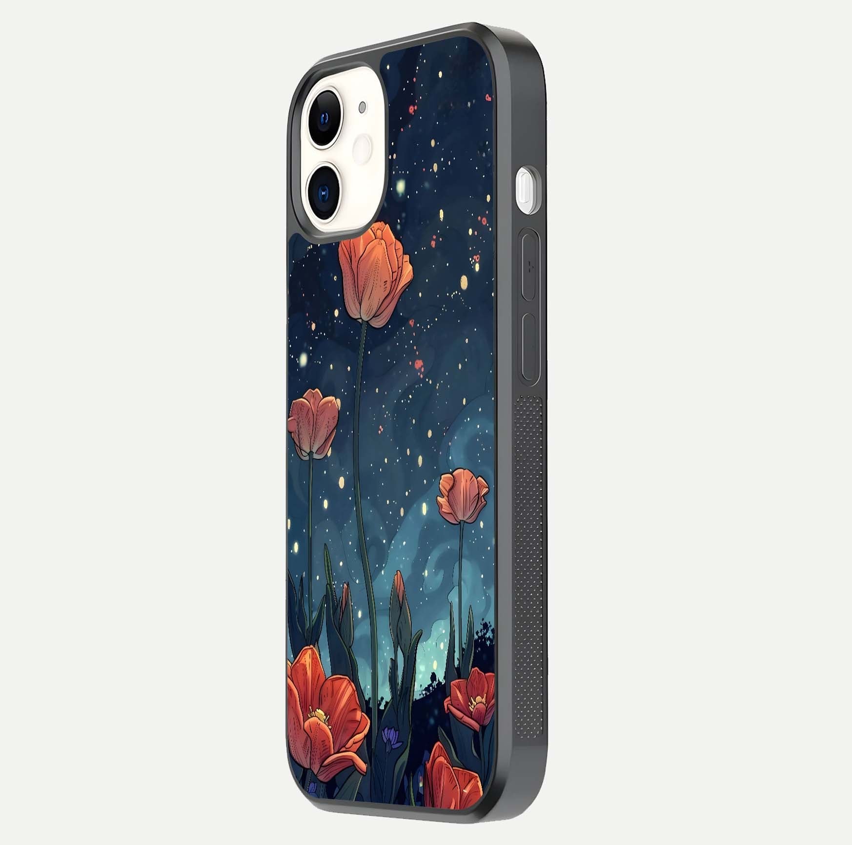 Midnight Tulip Glow Glass Case for iphone-12 side-angle image showing shine depth and flower artwork