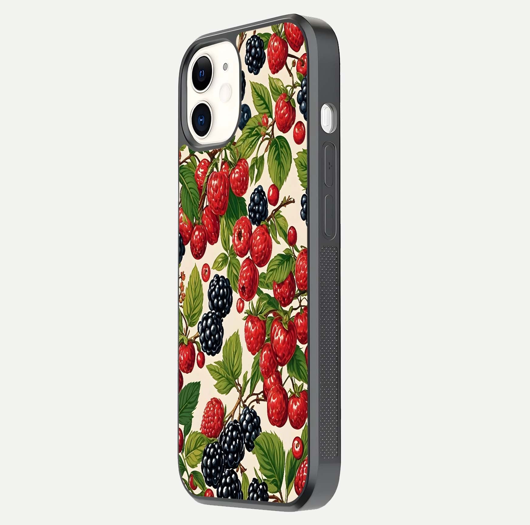 Mixed Berry Collage Glass Case for iphone-12 side-angle image showing reflection and HD fruit texture