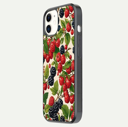 Mixed Berry Collage Glass Case for iphone-12 side-angle image showing reflection and HD fruit texture