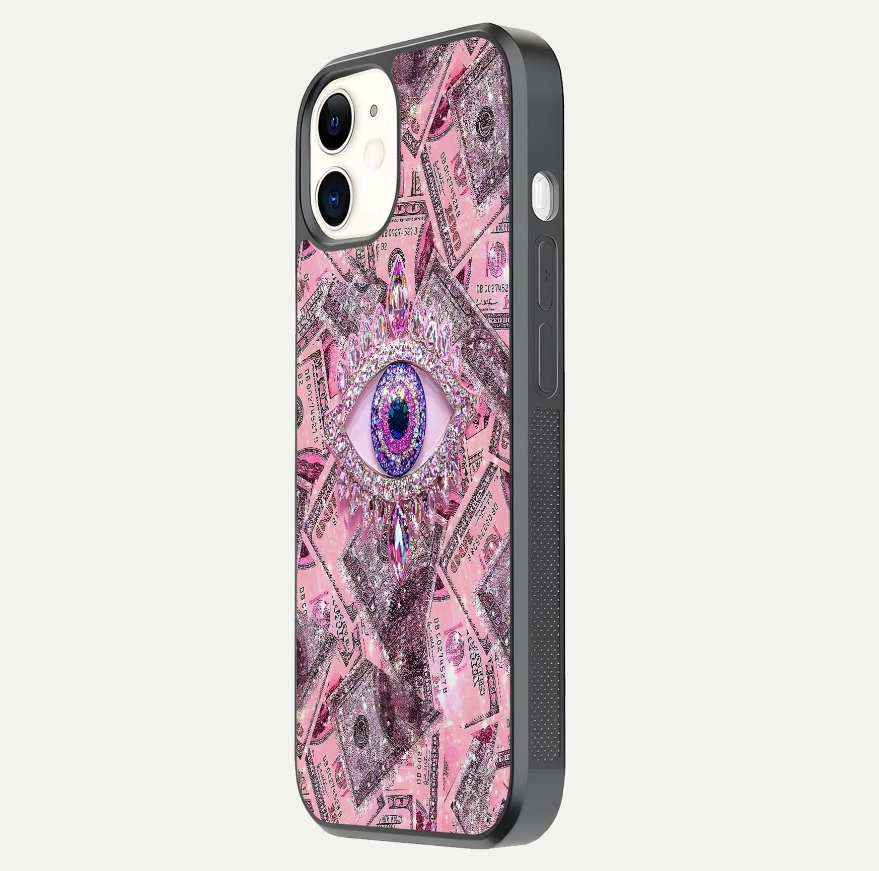 Money Eye Luxe Glass Case for iphone-12 side-angle image showing HD reflection and luxury print clarity
