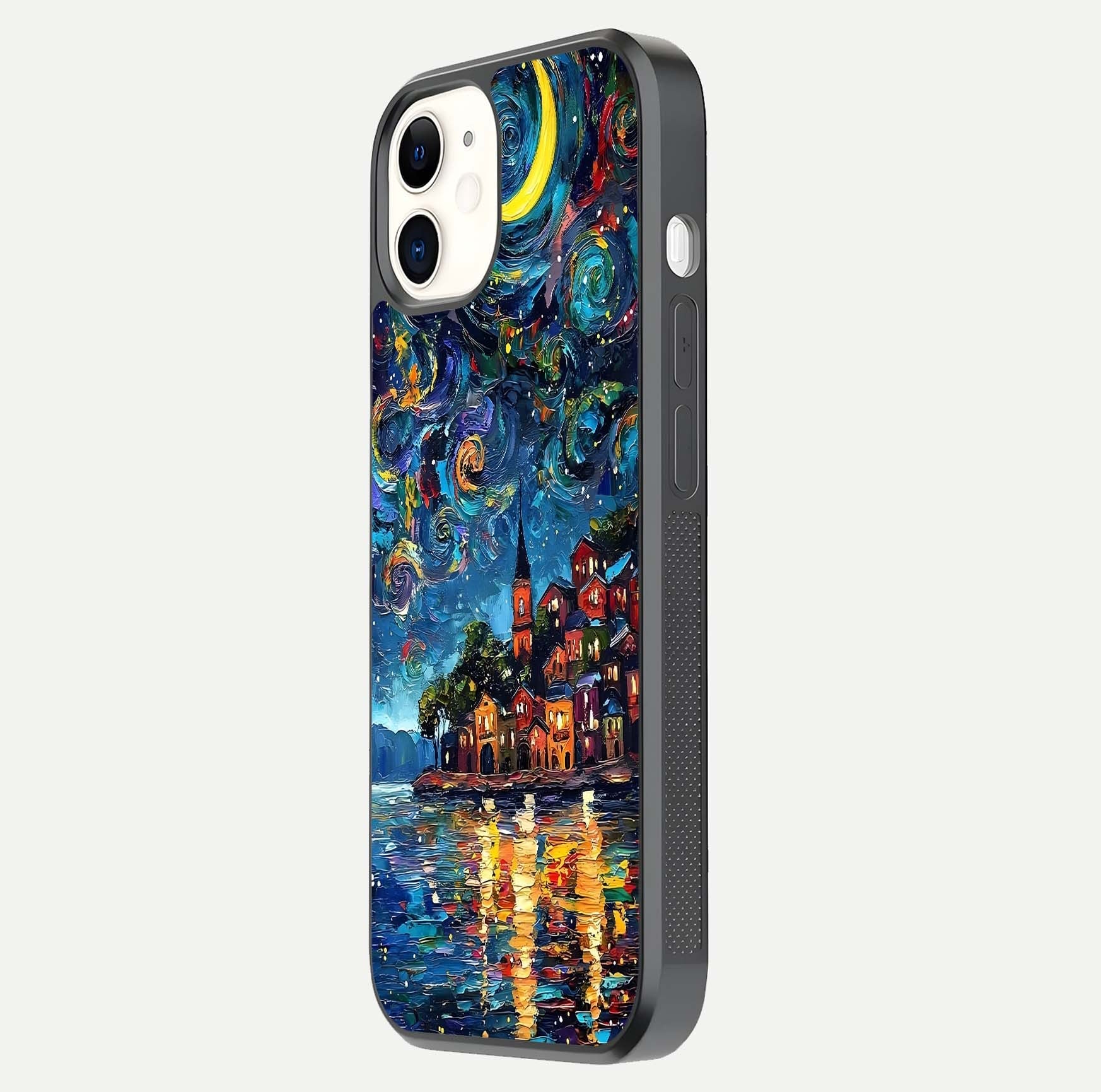 Moonlight Harbor Glow Glass Case for iphone-12 side-angle image showing reflective surface and ocean tones