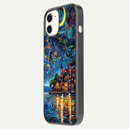 Moonlight Harbor Glow Glass Case for iphone-12 side-angle image showing reflective surface and ocean tones