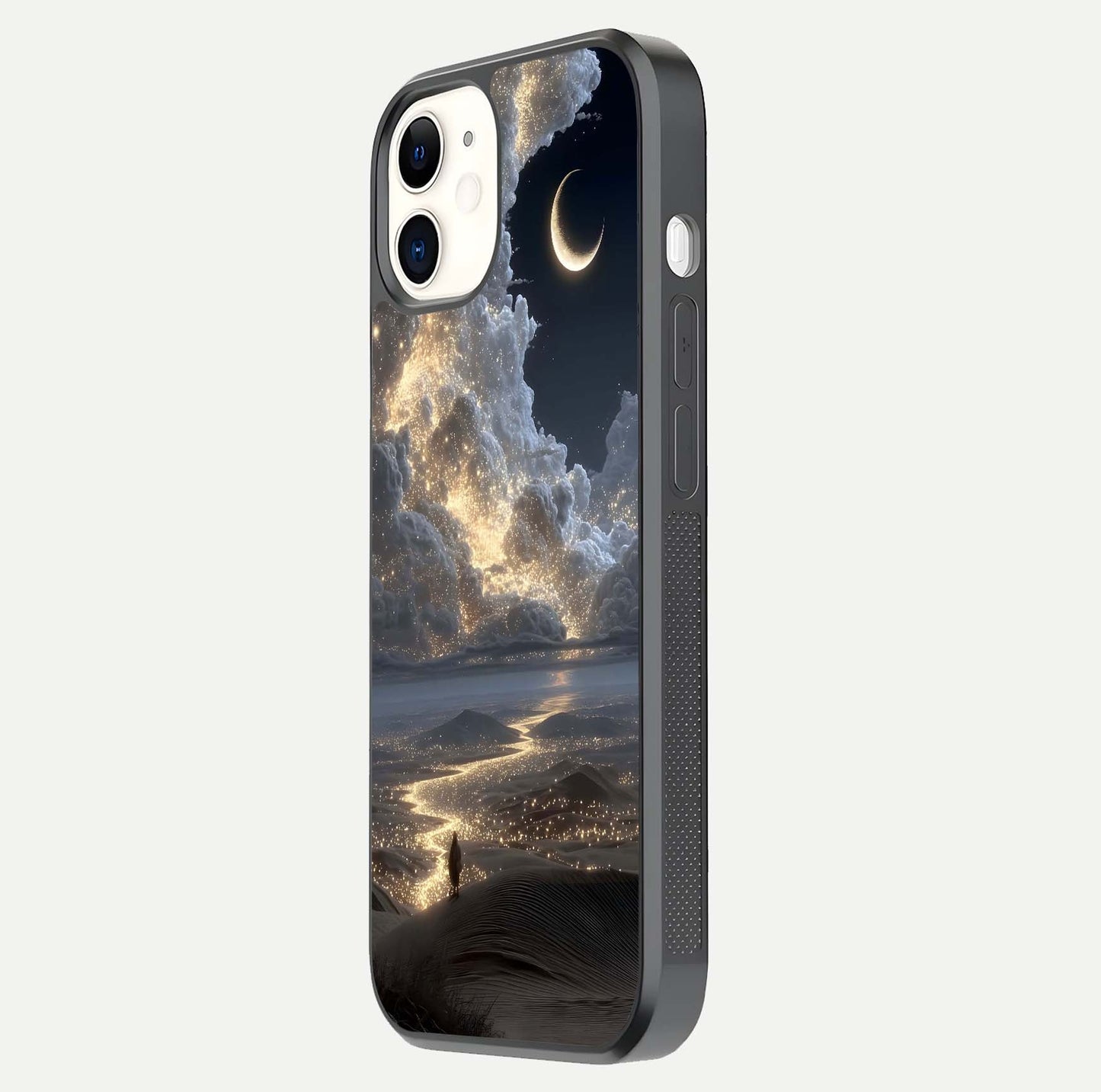 Moonlight Spark Path Glass Case for iphone-12 side-angle image showing reflection and moonlit detail