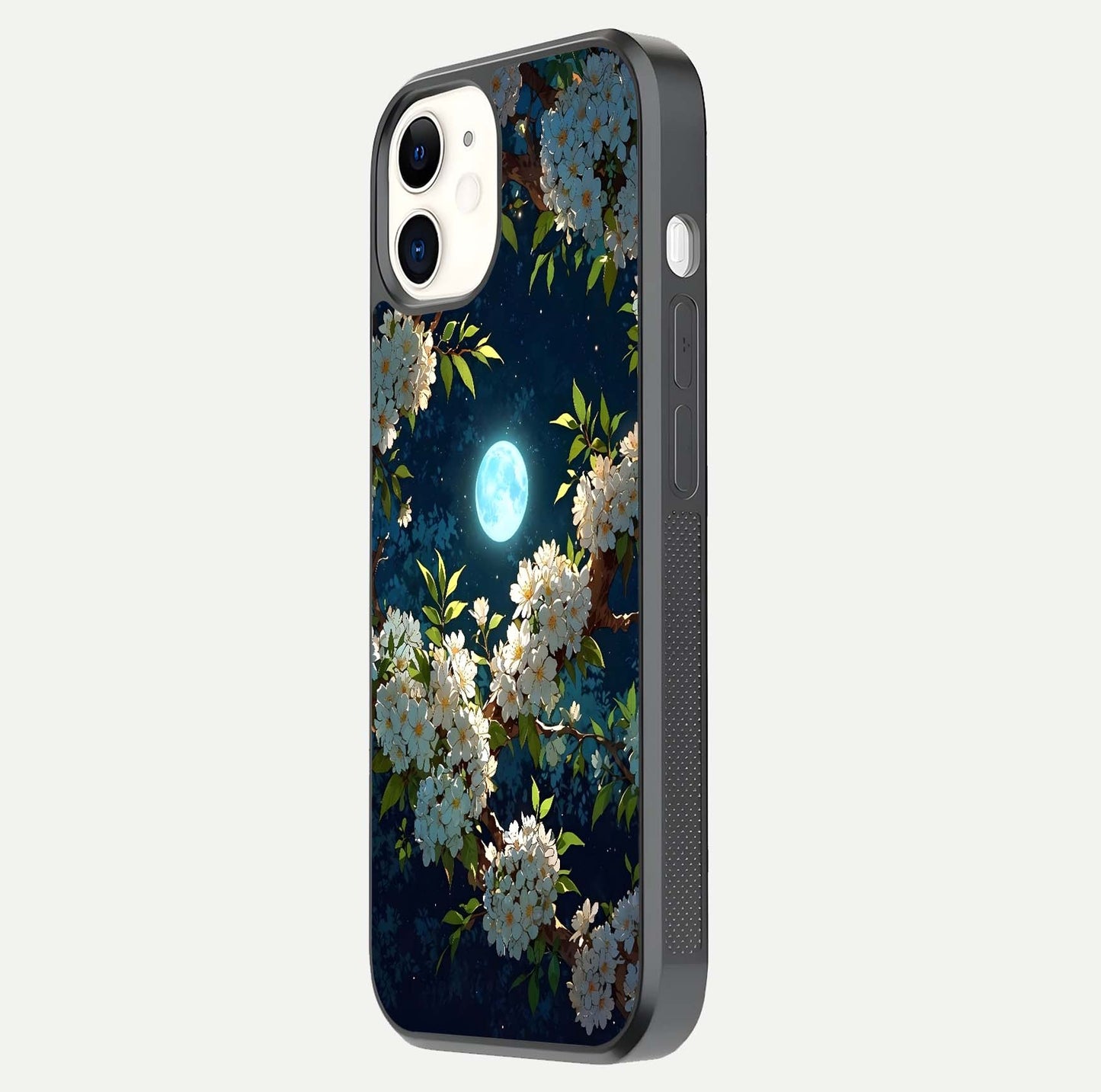 Moonlit Blossom Dream Glass Case for iphone-12 side-angle image showing shine depth and flower glow