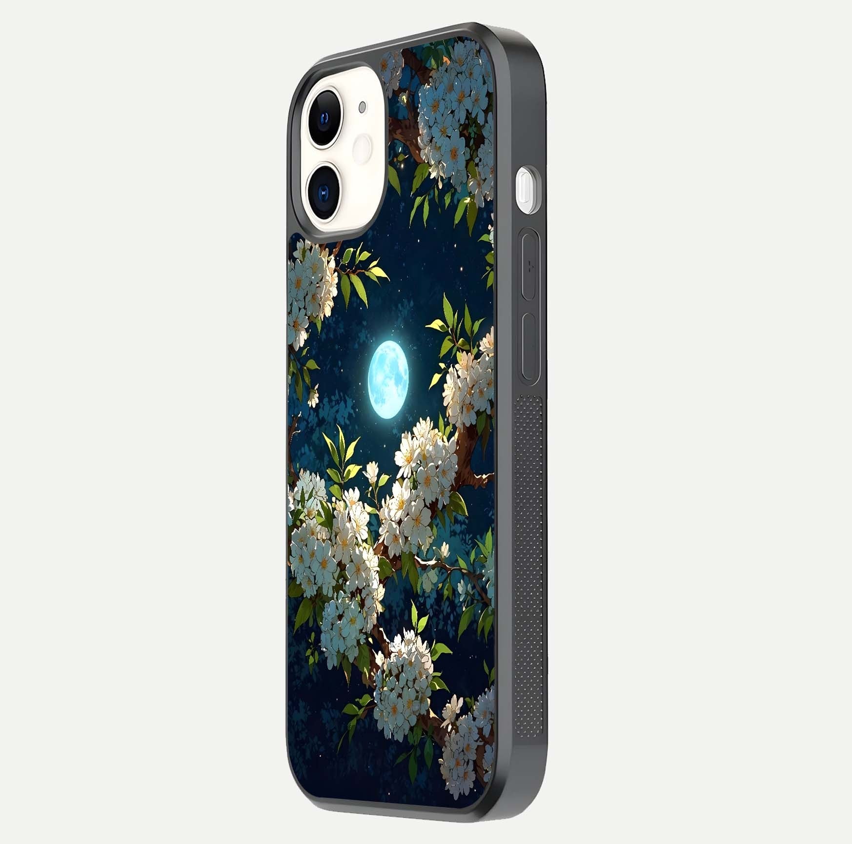Moonlit Blossom Dream Glass Case for iphone-12 side-angle image showing shine depth and flower glow