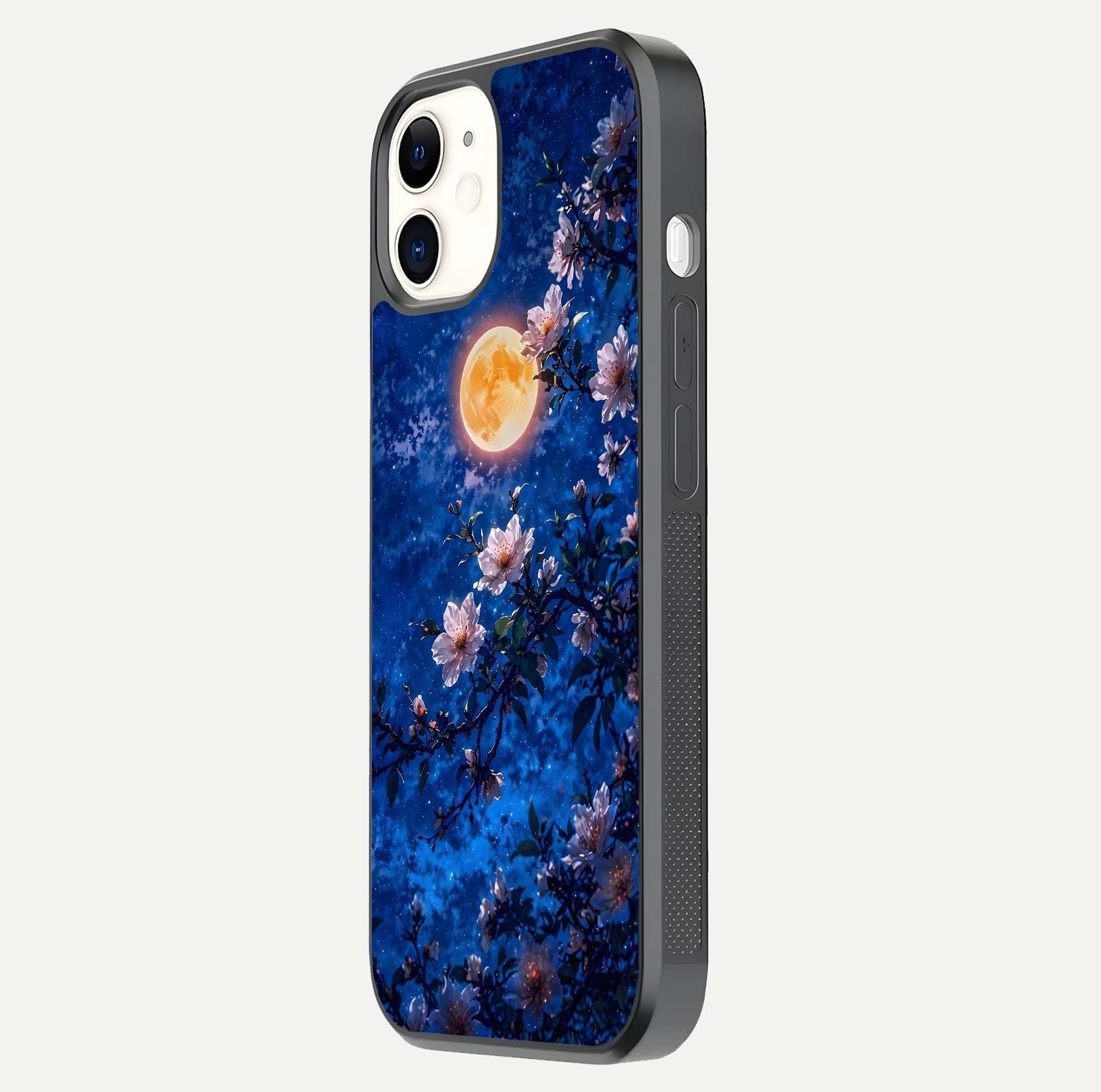 Moonlit Blossoms Night Glass Case for iphone-12 side-angle image revealing shine and night bloom texture