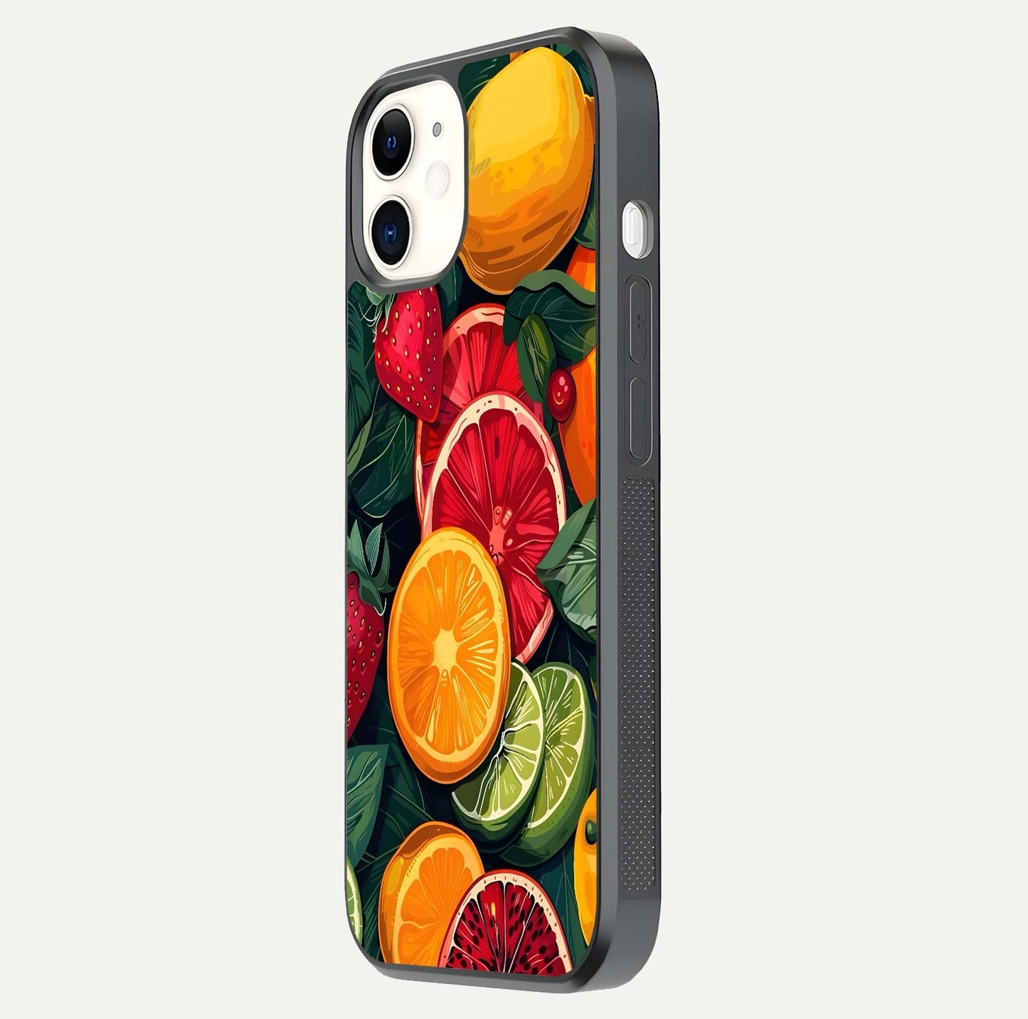 Multiple Fruits Glass Case for iphone-12 side-angle image showing glossy surface and vivid fruit pattern
