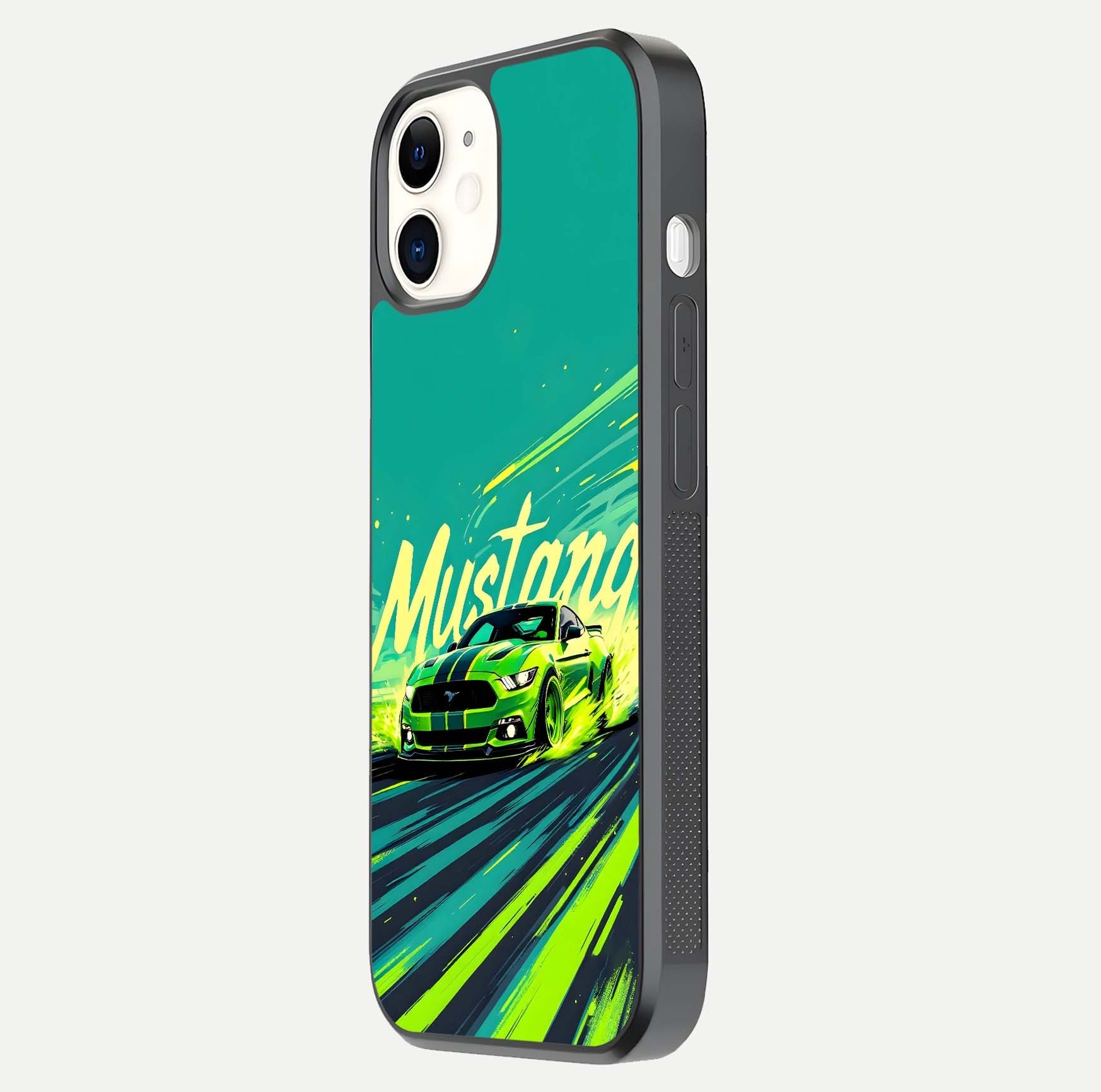 Mustang Bang Glass Case for iphone-12 side-angle image showing reflection clarity and bold car artwork