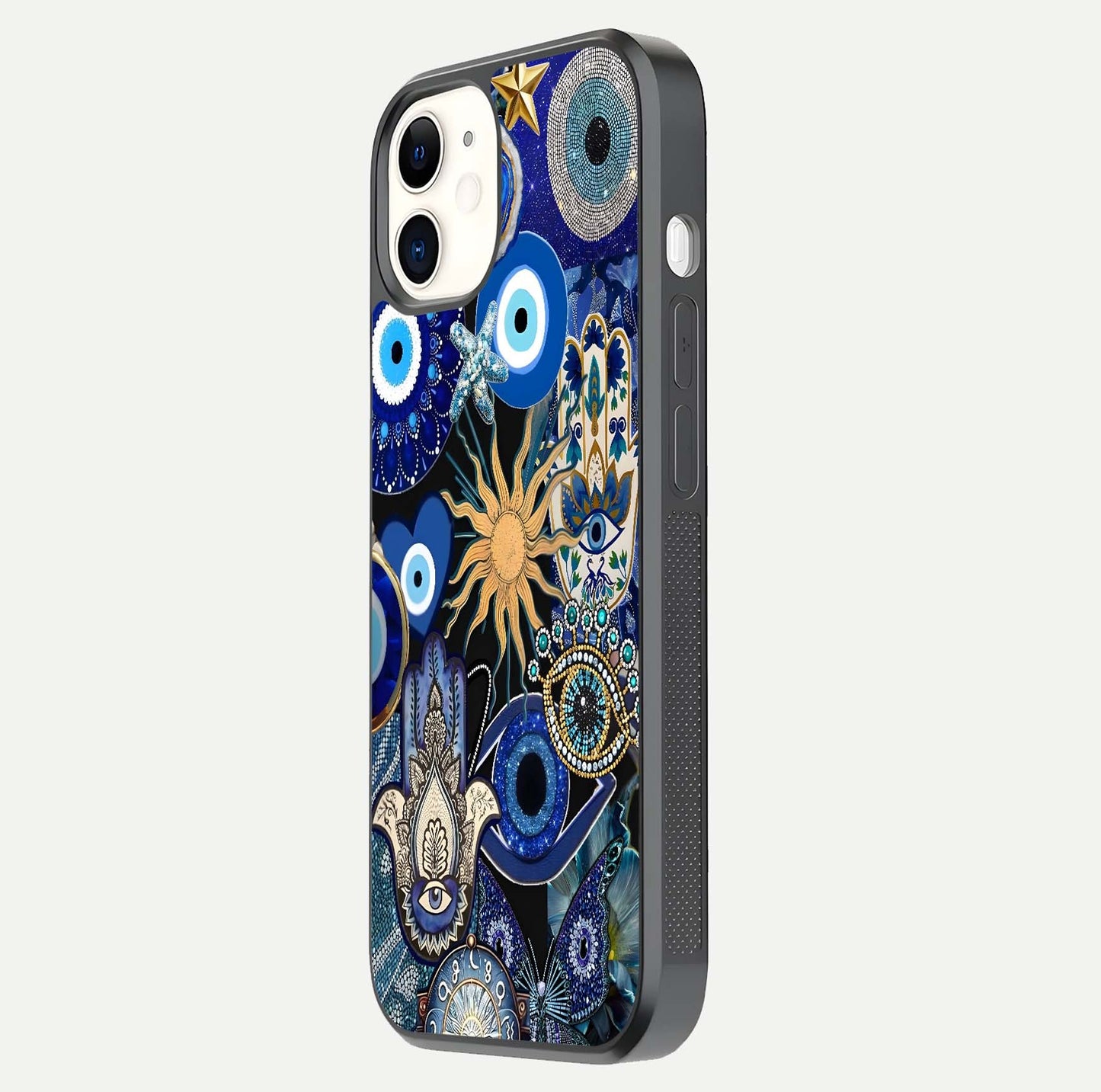 Mystic Blue Evil Eye Glass Case for iphone-12 side-angle image showing smooth gloss and charm design