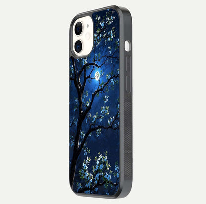 Mystic Floral Night Glass Case for iphone-12 side-angle image showing gloss surface and midnight floral tones