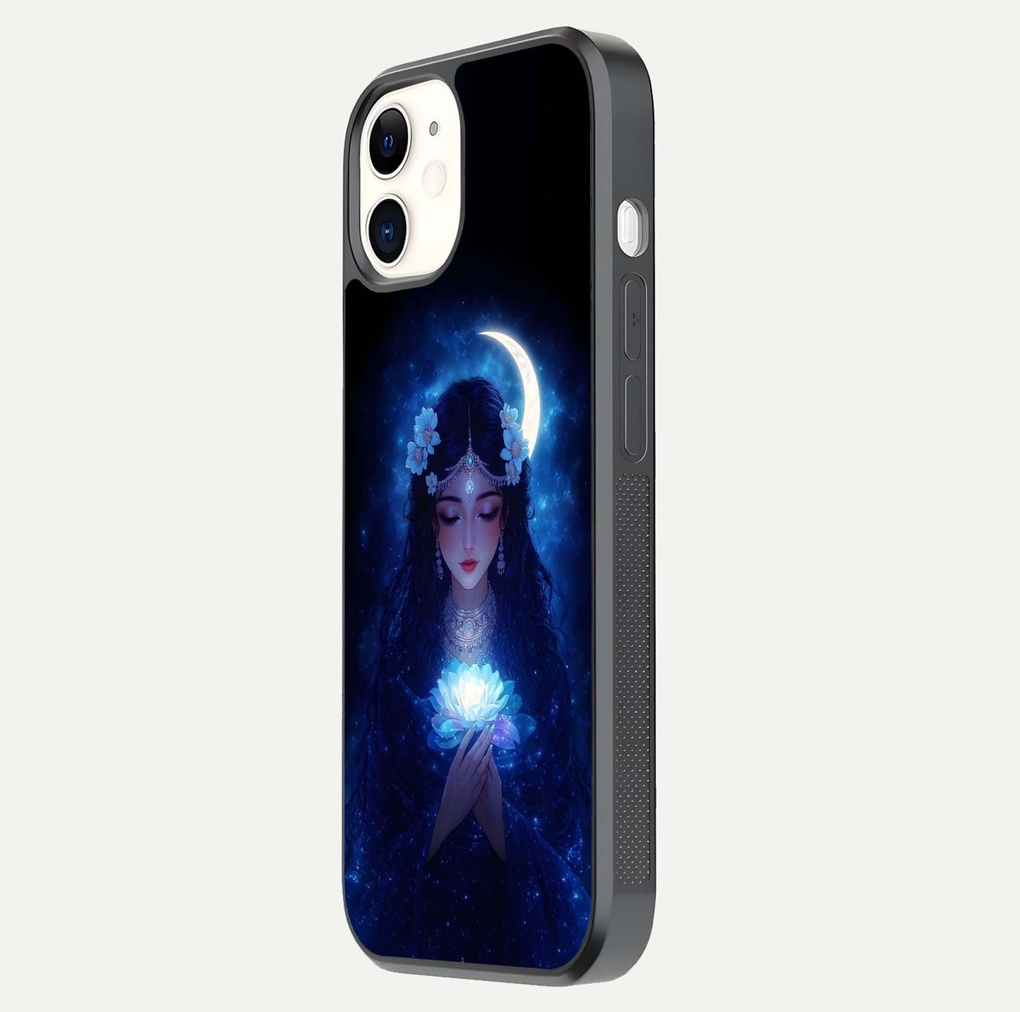 Mystic Moon Queen Glass Case for iphone-12 side-angle image showing reflection and celestial details