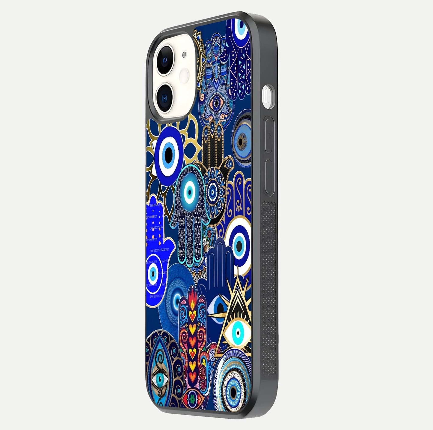Mystic Palm Guard Glass Case for iphone-12 side-angle image showing shine depth and sacred motif