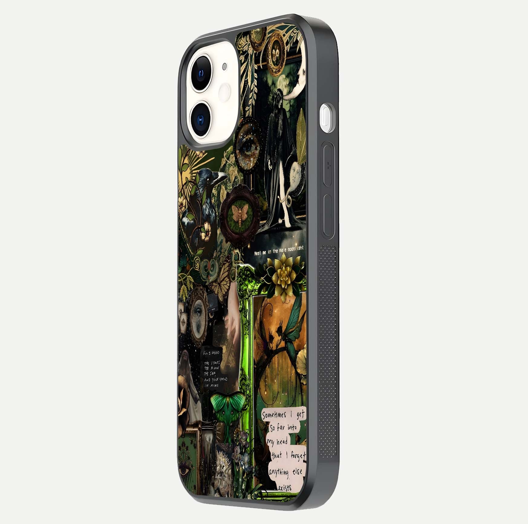 Mystic Woods Secret Glass Case for iphone-12 side-angle image showing gloss reflection and forest pattern