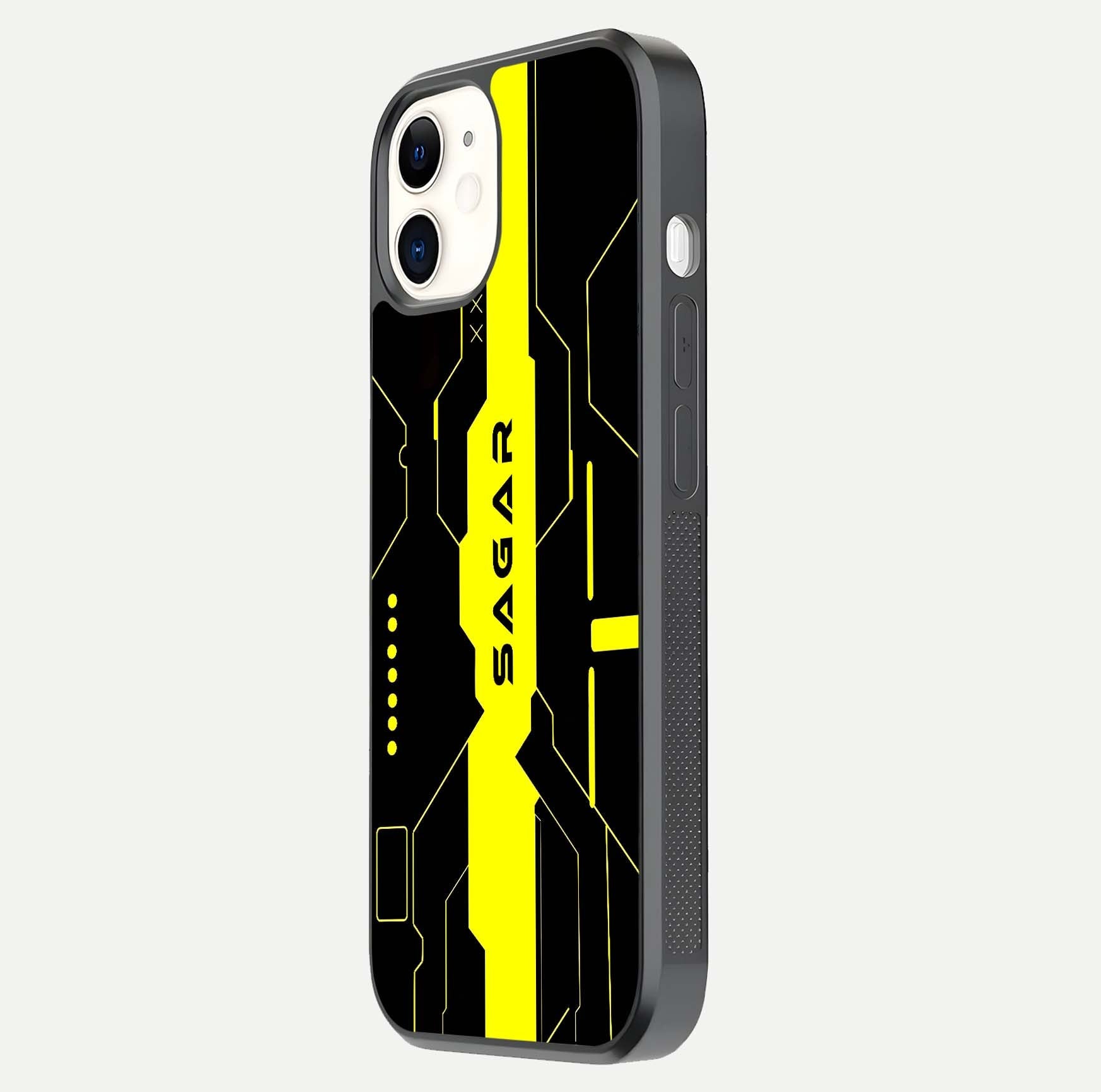 Neon CYBERPUNK Custom Name Glass Case for iphone-12 side-angle image showing glow depth and bold print