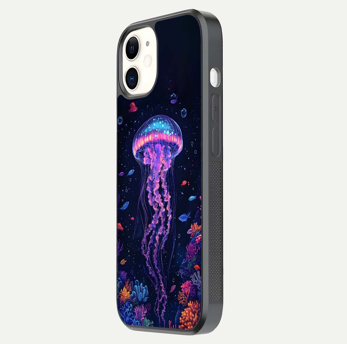 Neon Jellyfish Glass Case for iphone-12 side-angle image showing reflection and oceanic light detailing