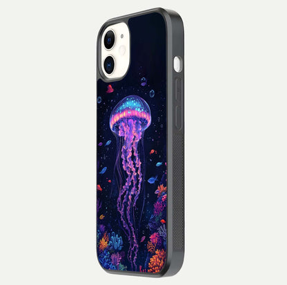 Neon Jellyfish Glass Case for iphone-12 side-angle image showing reflection and oceanic light detailing