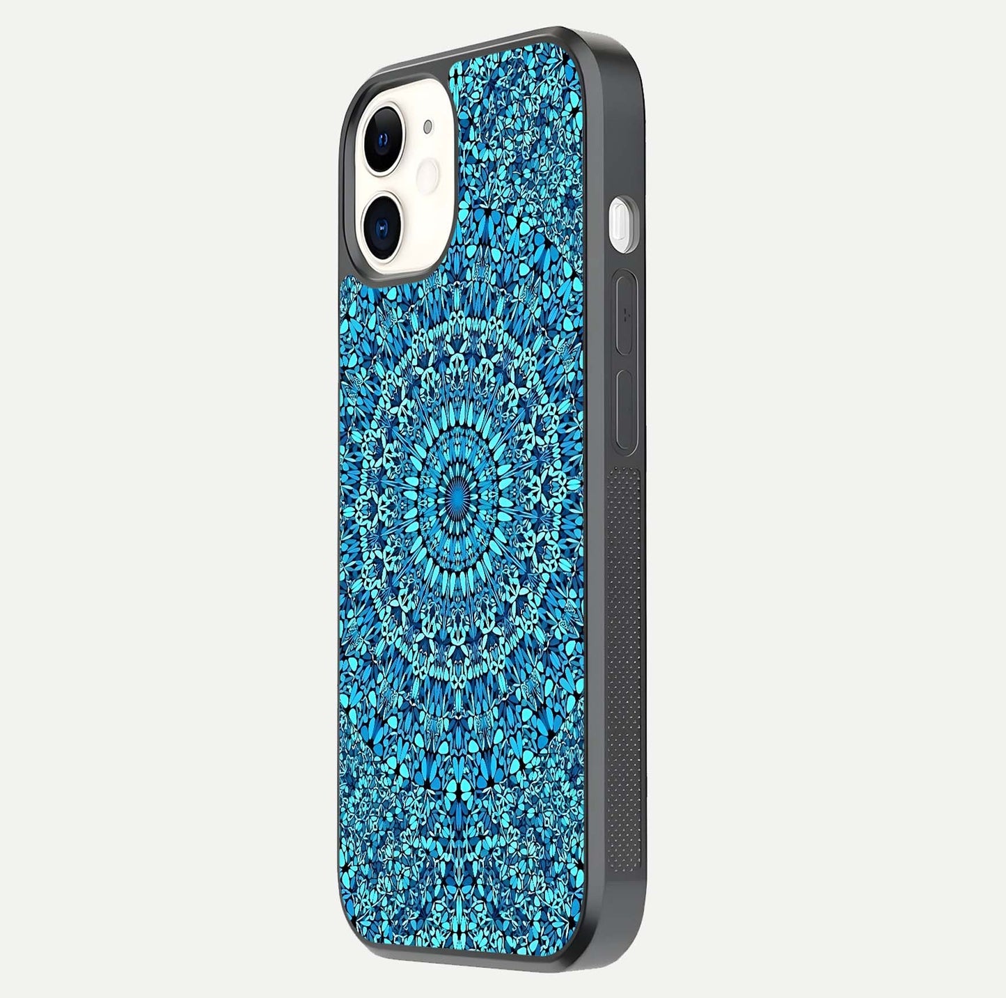 Ocean Bloom Mandala Glass Case for iphone-12 side-angle image showing reflection and detailed floral pattern