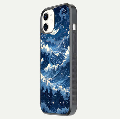 Ocean Moon Waves Glass Case for iphone-12 side-angle image showing shine and ocean gradient tones