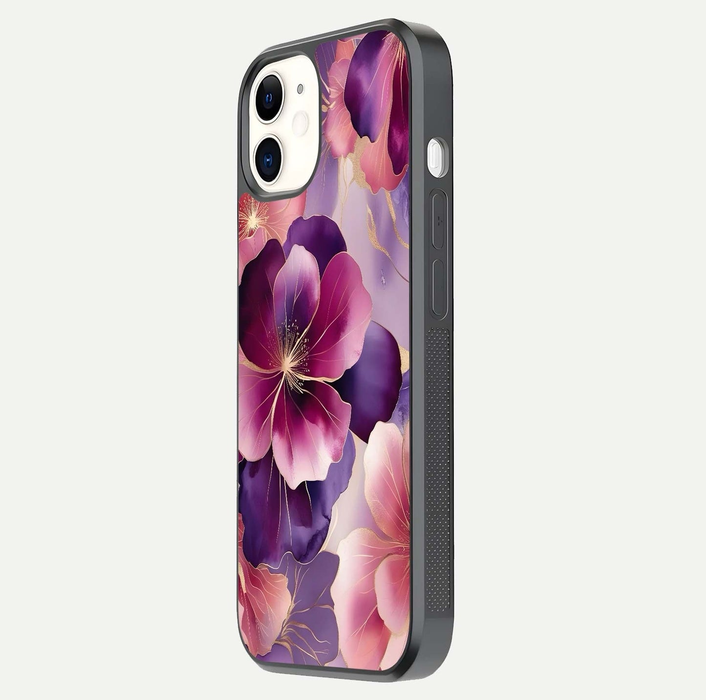 Pink Bouquet Florals Glass Case for iphone-12 side-angle image showing floral texture and reflection clarity