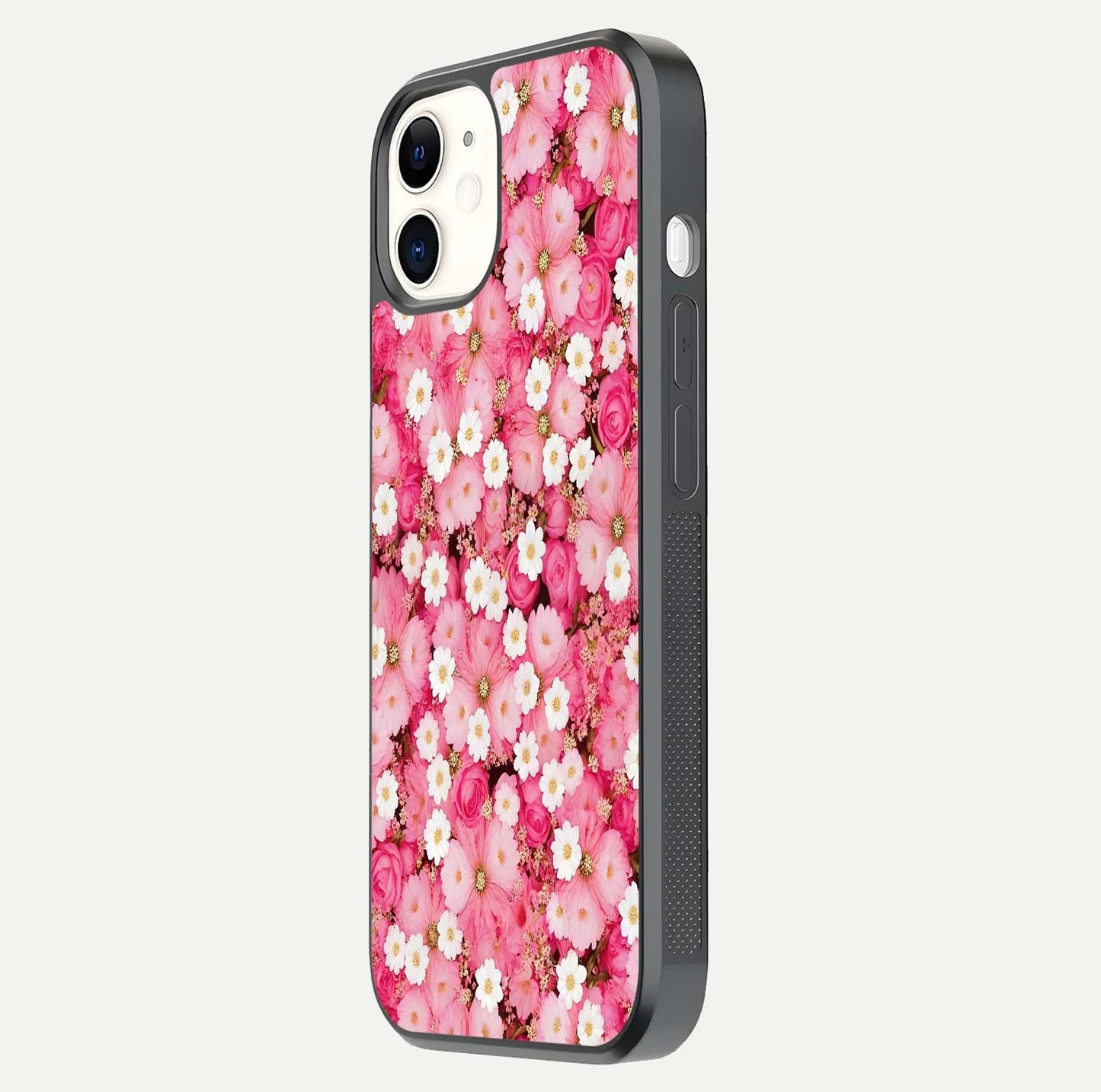 Pink Daisy Bliss Glass Case for iphone-12 side-angle image showing delicate daisy pattern and glass reflection