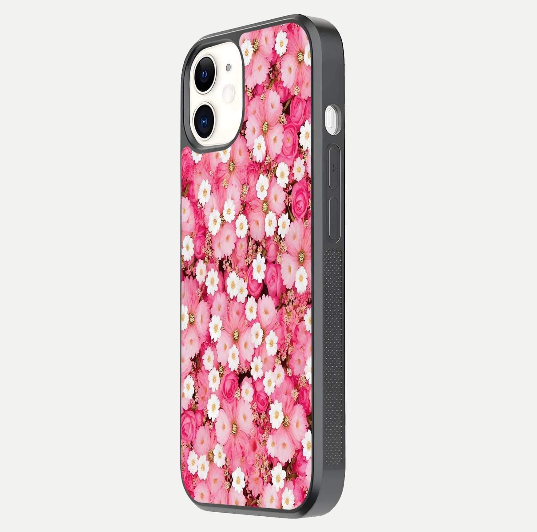 Pink Daisy Bliss Glass Case for iphone-12 side-angle image showing delicate daisy pattern and glass reflection