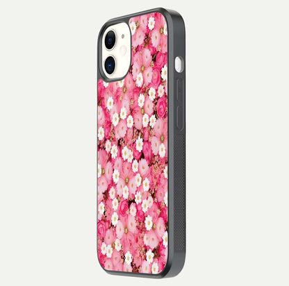 Pink Daisy Bliss Glass Case for iphone-12 side-angle image showing delicate daisy pattern and glass reflection