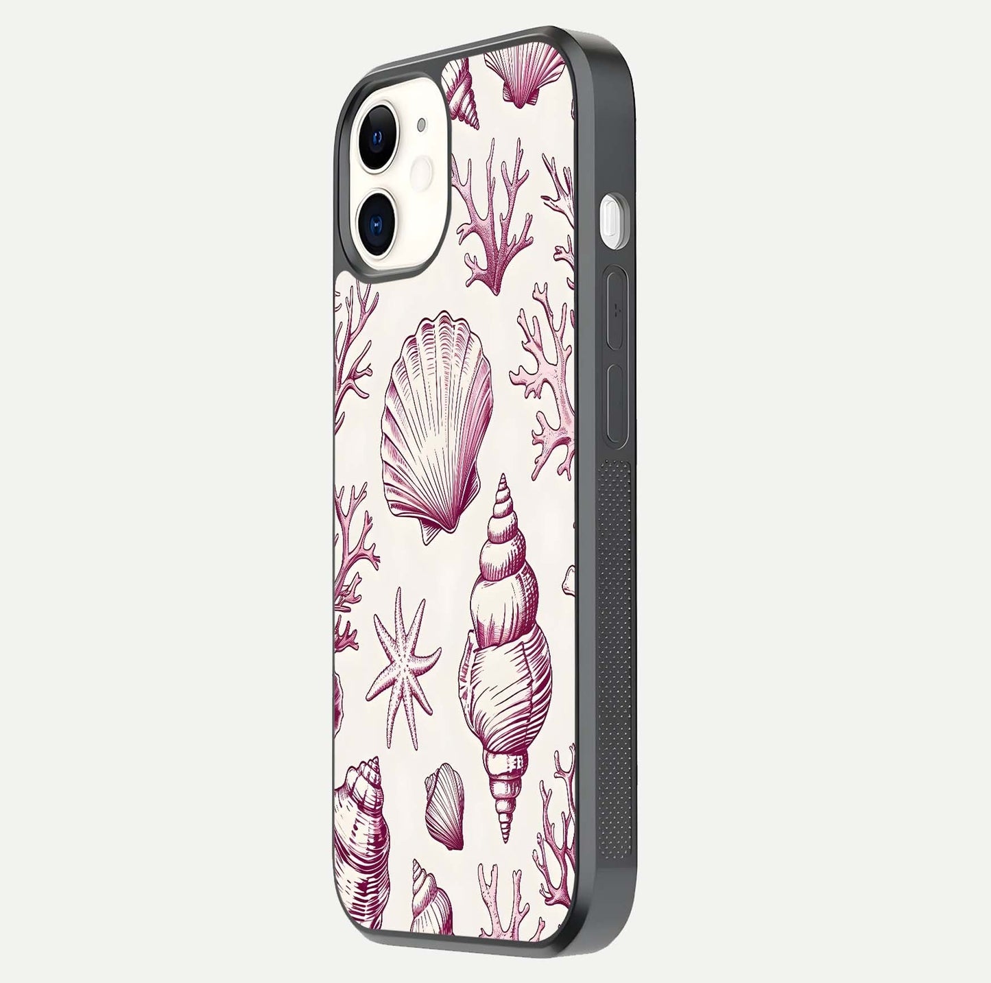 Pink Shells Outline Glass Case for iphone-12 side-angle image showing shine and intricate outline texture