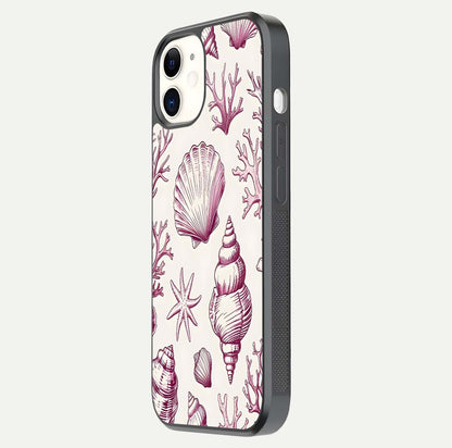 Pink Shells Outline Glass Case for iphone-12 side-angle image showing shine and intricate outline texture