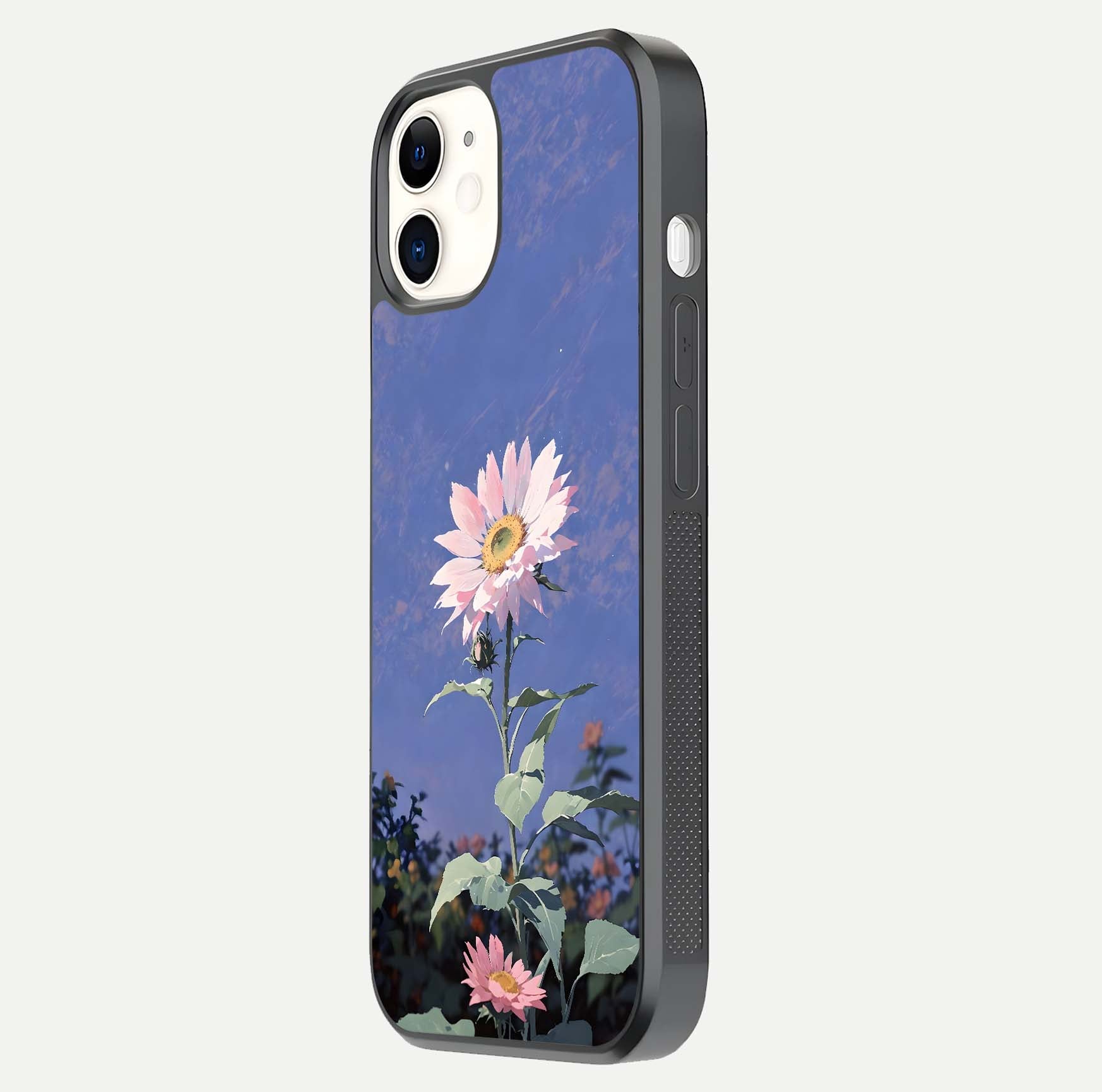 Pink Sunflower Glow Glass Case for iphone-12 side-angle image showing glossy edges and vivid sunflower tones