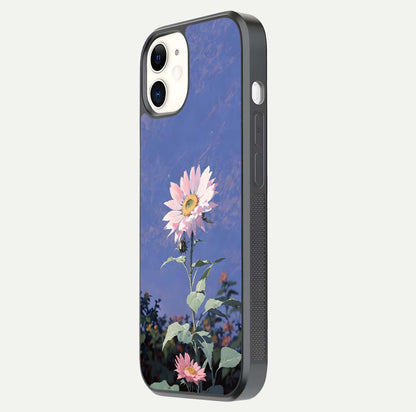 Pink Sunflower Glow Glass Case for iphone-12 side-angle image showing glossy edges and vivid sunflower tones