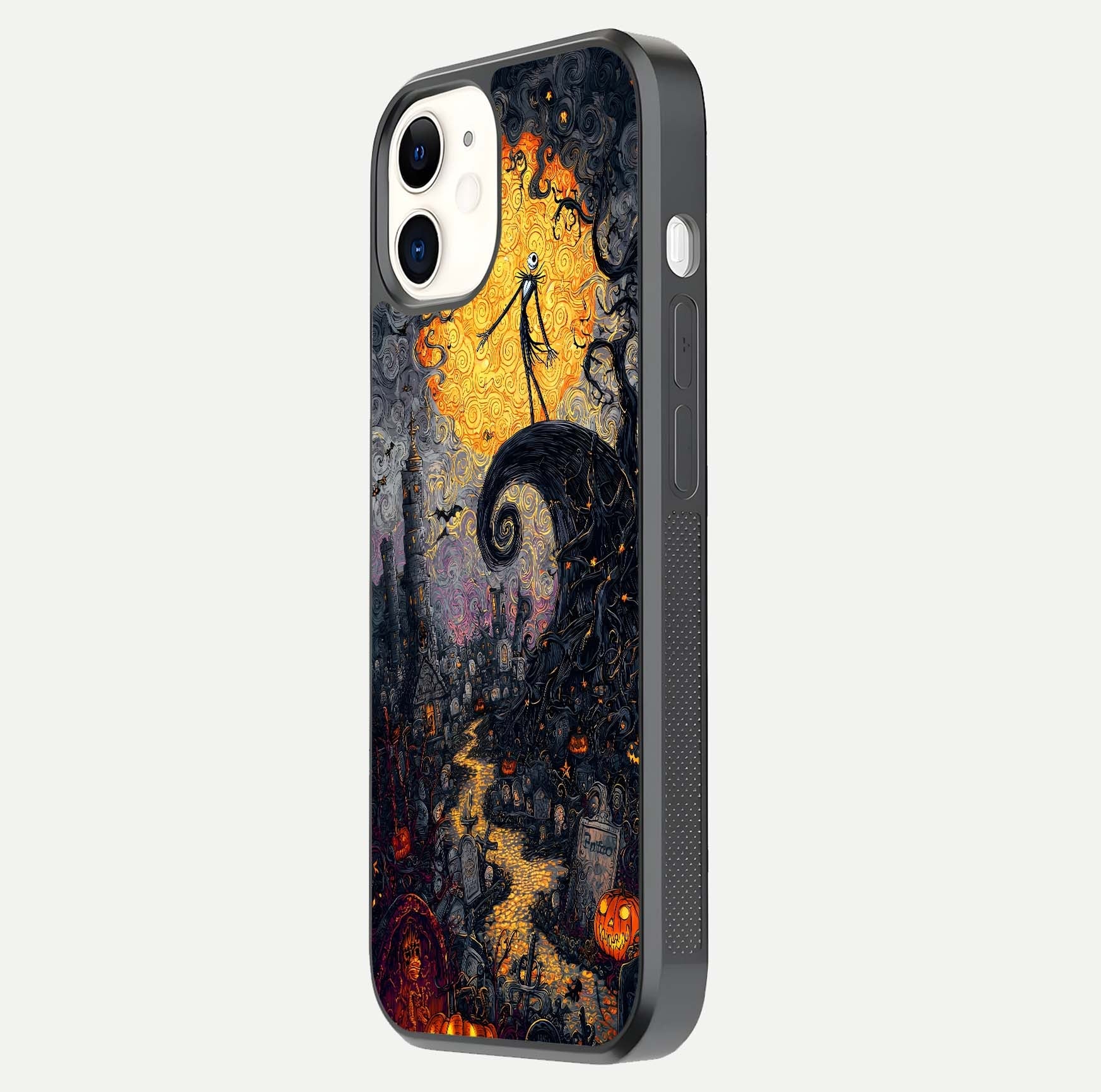 Pumpkin Moon Night Glass Case for iphone-12 side-angle image showing reflection depth and pumpkin pattern