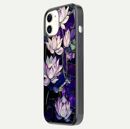 Purple Lotus Pattern Glass Case for iphone-12 side-angle image showing reflection depth and lotus detail
