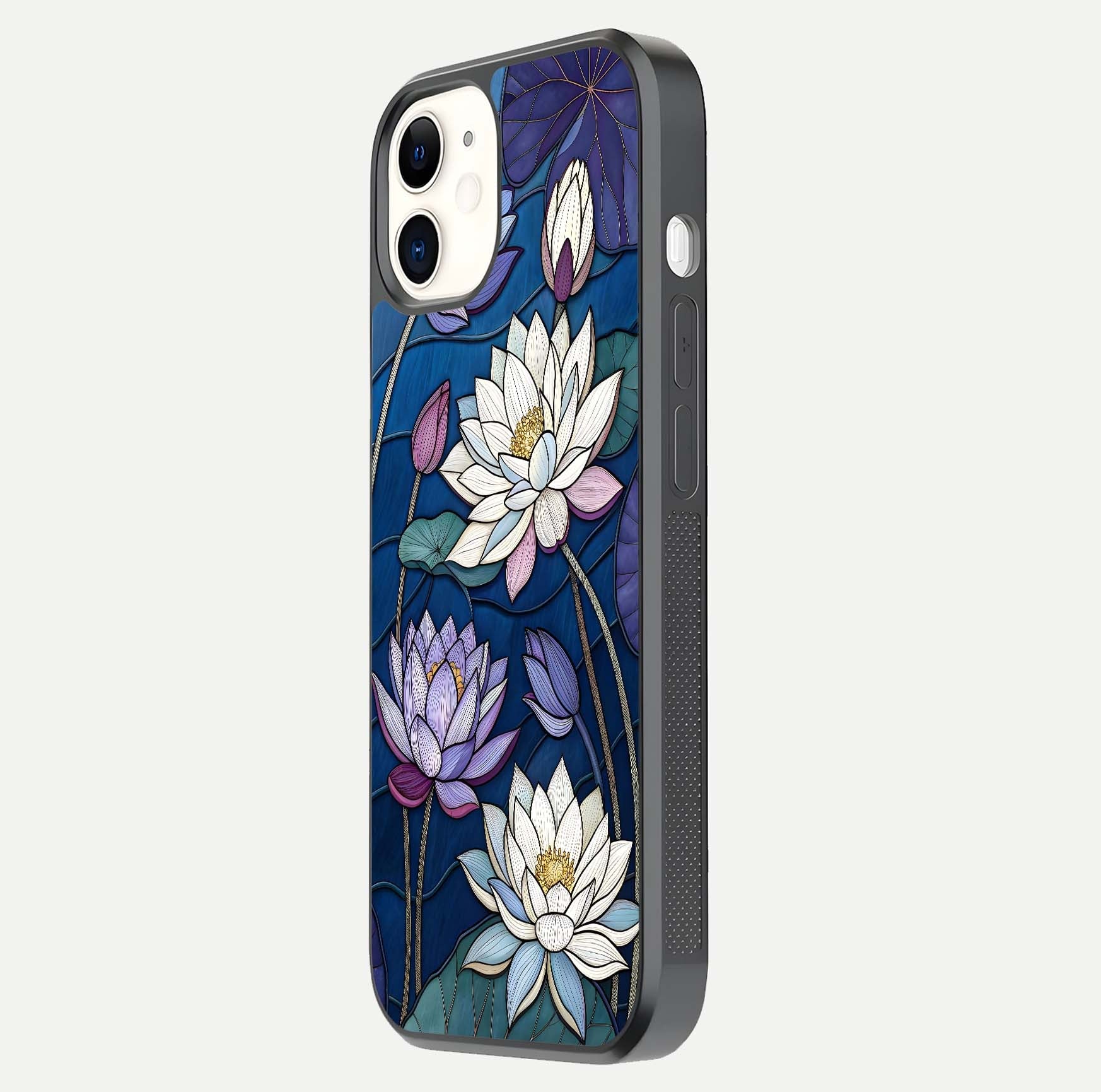 Purple Lotus Stained Glass Case for iphone-12 side-angle image showing gloss, reflection, and intricate detailing