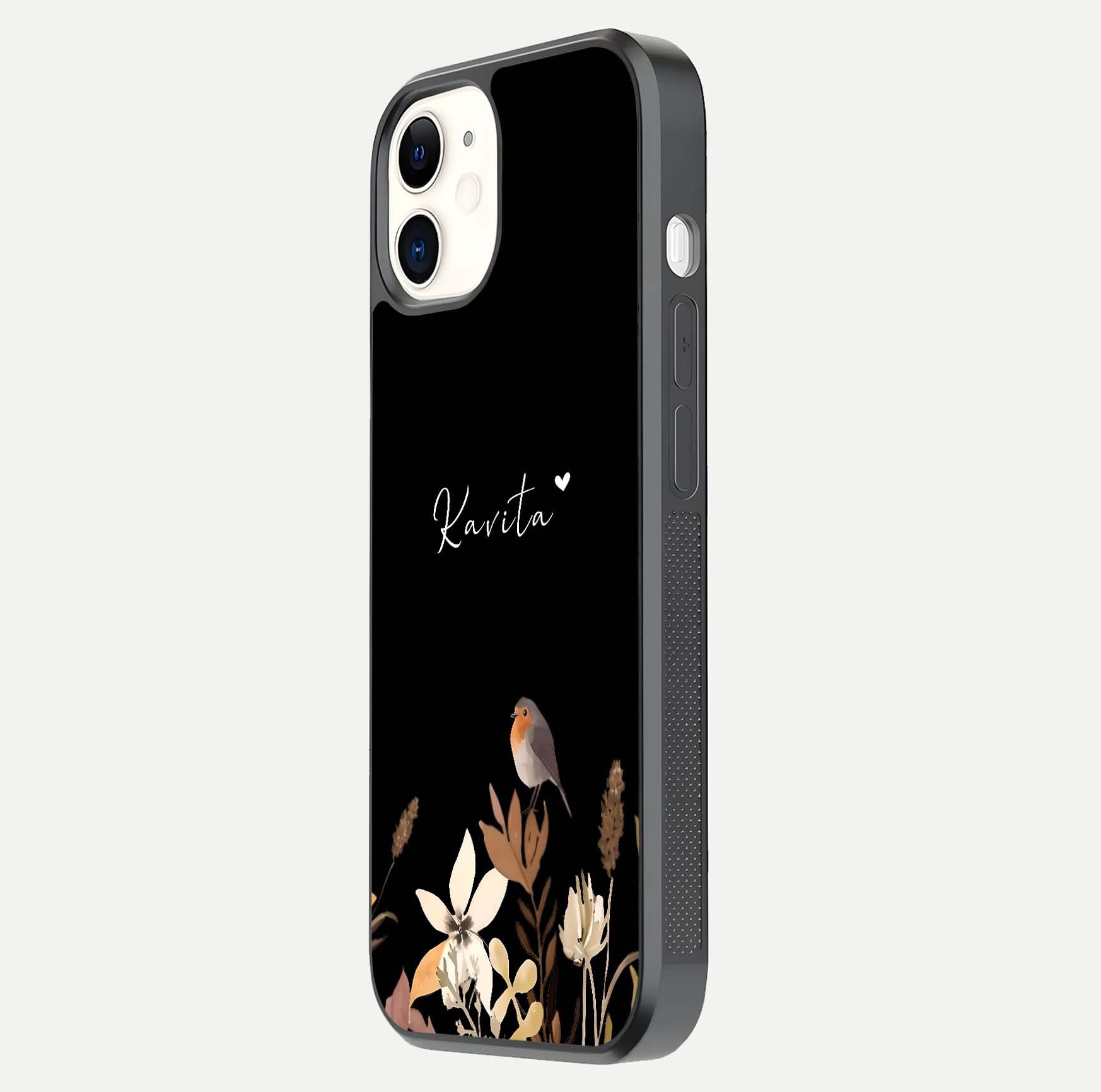 Quiet Garden Tune Custom Name Glass Case for iphone-12 side-angle image showing reflection and floral design