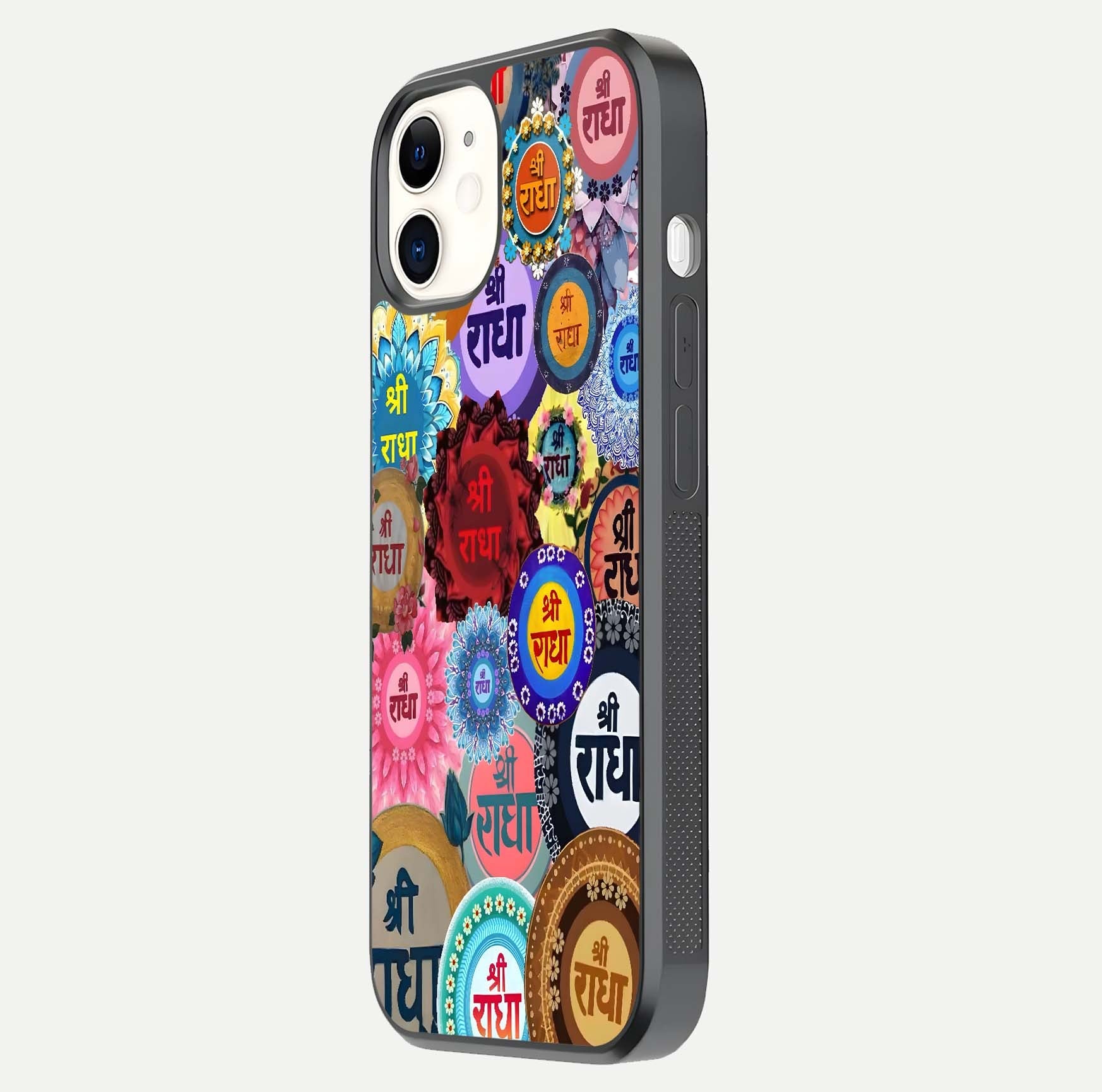 Radha Divine Bloom Glass Case for iphone-12 side-angle image showing shine, reflection, and floral motif